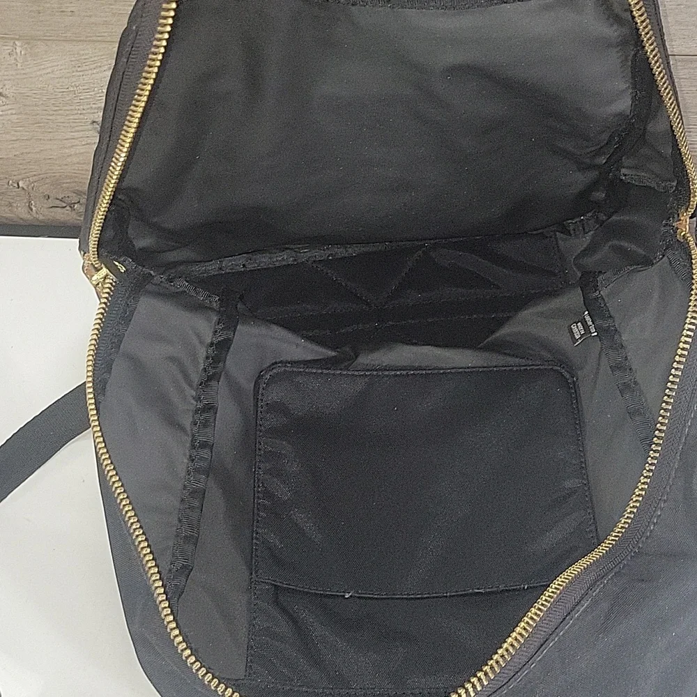 Frye Nylon Black and Brown Leather Trim Backpack with Gold Accents